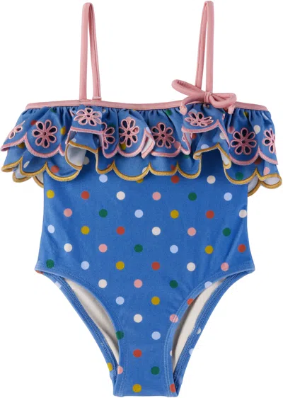 Zimmermann Kids Navy Everley Embroidery Frill Swimsuit In Blplkdt Blue Polka D