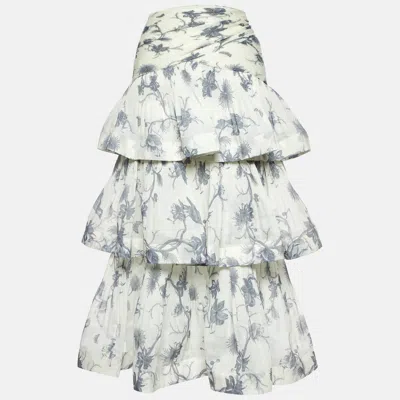Pre-owned Zimmermann Kiera Navy Printed Silk Plisse Tiered Midi Skirt S In Navy Blue
