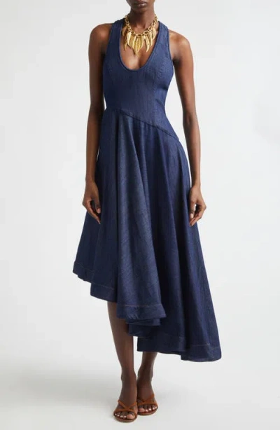 Zimmermann Kindred Spirit Asymmetric Scoop Neck Cotton Denim Dress In Blue