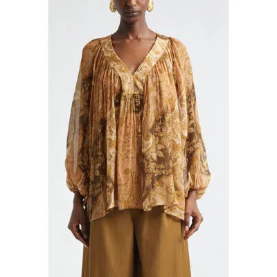 Zimmermann Kindred Spirit Carousel Batwing Silk Blend Top In Brown