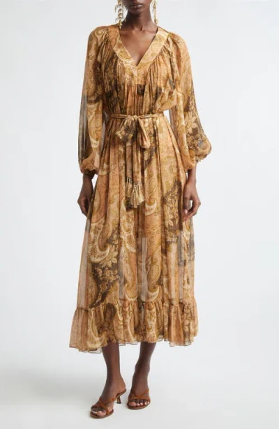 Zimmermann Kindred Spirit Carousel Long Sleeve Batwing Silk Blend Midi Dress In Brown