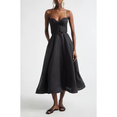 Zimmermann Kindred Spirit Luna Structured Linen & Silk Midi Cocktail Dress In Black