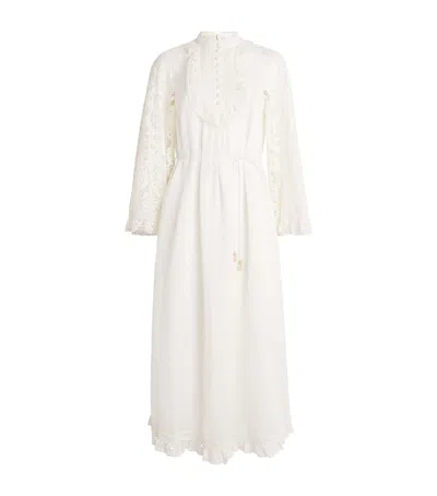 Zimmermann Ascension Lace Trim Tie Waist Midi Dress In White