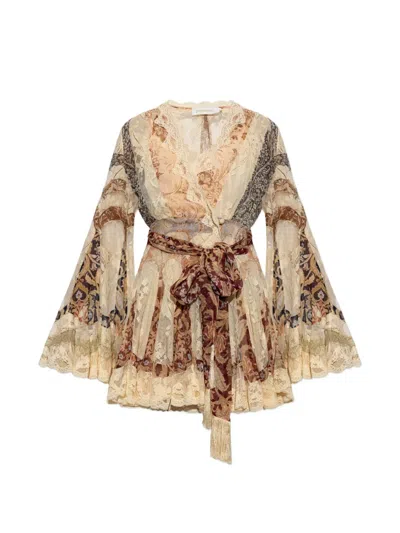 Zimmermann Lace Belted Mini Dress In Neutral