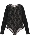 Zimmermann Fitted Black Lace Bodysuit With Floral Design And Inset Jelly Ribbon In Black