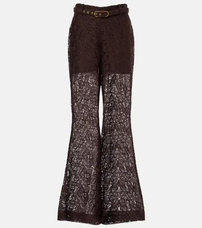Zimmermann Illustration Belted Guipure Lace Flared Pants In Brown