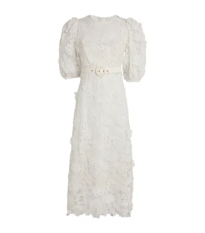 Zimmermann Halliday Belted Recycled-guipure Lace Midi Dress In Ivory