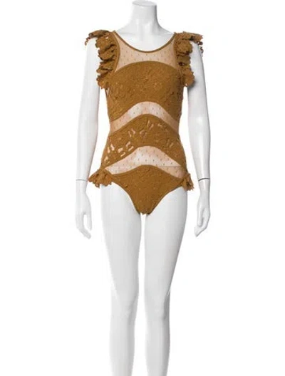 Pre-owned Zimmermann Lace Pattern Mesh Accents One-piece In Brown