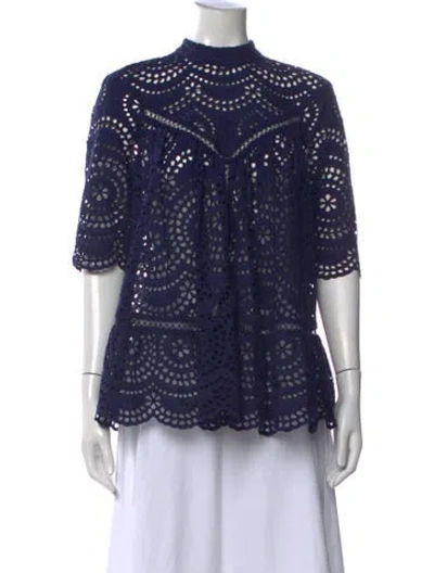Pre-owned Zimmermann Lace Pattern Mock Neck Blouse In Blue