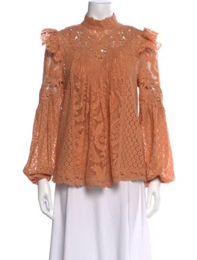 Pre-owned Zimmermann Lace Pattern Mock Neck Blouse In Orange