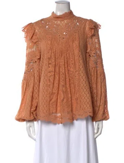 Pre-owned Zimmermann Lace Pattern Mock Neck Blouse In Orange