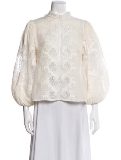 Pre-owned Zimmermann Lace Pattern Mock Neck Blouse In White