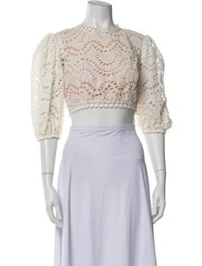 Pre-owned Zimmermann Lace Pattern Mock Neck Crop Top In White