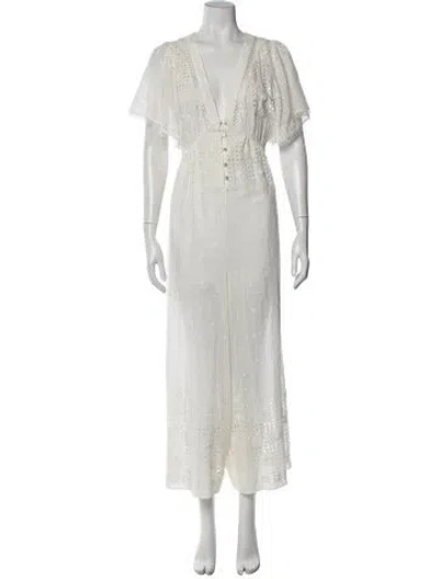 Pre-owned Zimmermann Lace Pattern Plunge Neckline Jumpsuit In White