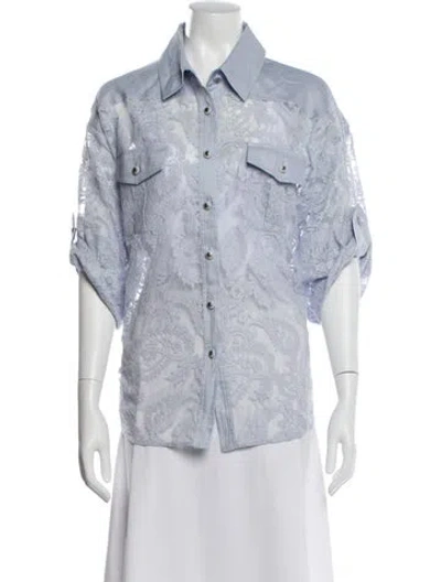 Pre-owned Zimmermann Lace Pattern Short Sleeve Blouse In Blue