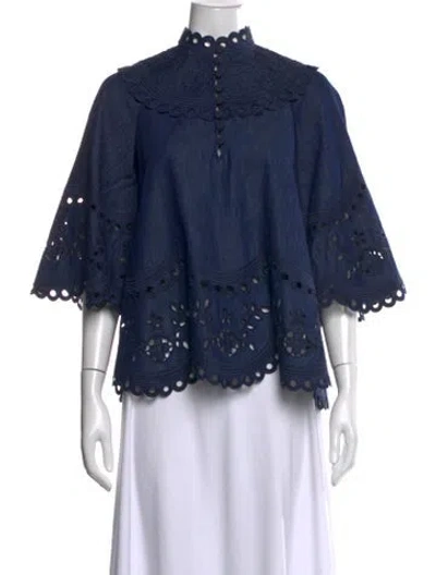 Pre-owned Zimmermann Lace Pattern Three-quarter Sleeve Blouse In Blue