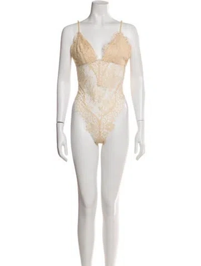 Pre-owned Zimmermann Lace Pattern V-neck Bodysuit In Neutral