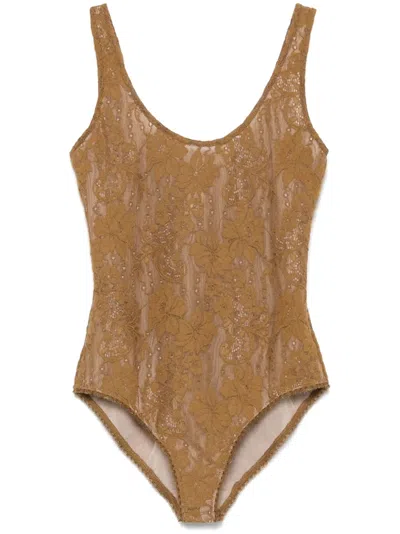Zimmermann Lace Scoop Body Suit In Beige