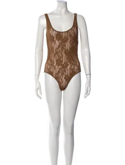 Pre-owned Zimmermann Lace Scoop Floral Print Bodysuit In Neutrals