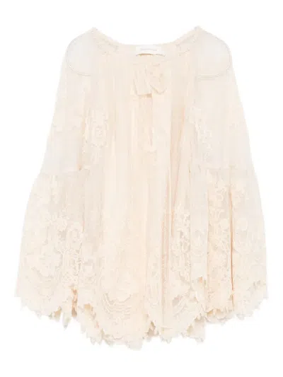Zimmermann Lace-trimmed Bell-sleeve Blouse In Neutral
