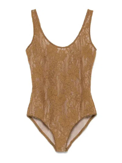 Zimmermann Lace Scoop Body Suit In Beige