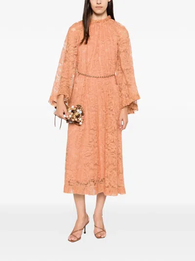 Zimmermann Lace-overlay Ruffled Midi Dress In Orange