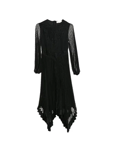 Pre-owned Zimmermann Lace-panel Pleated Midi In Black