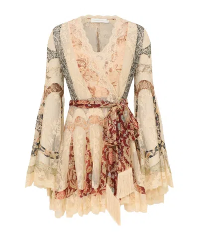 Zimmermann Lacepanel Wrapfront Bellsleeve Mini Dress In Multi