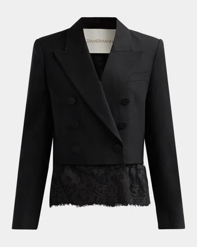 Zimmermann Lace-trim Wool-blend Double-breasted Jacket In Black