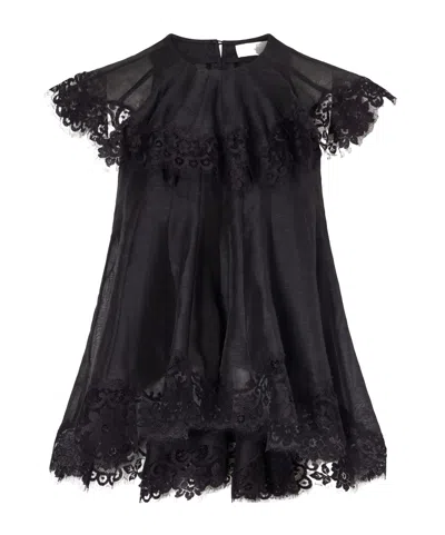 Zimmermann Ascent Flutter Ruffled Cape-effect Lace-trimmed Linen And Silk-blend Voile Blouse In Black