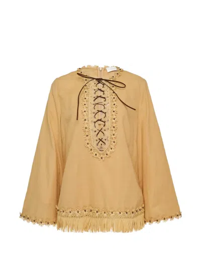 Zimmermann Lace-up Fringed Blouse In Multi