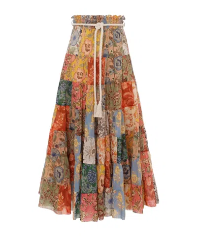 Zimmermann Belted Patchwork Cotton-gauze Midi Skirt In Peach