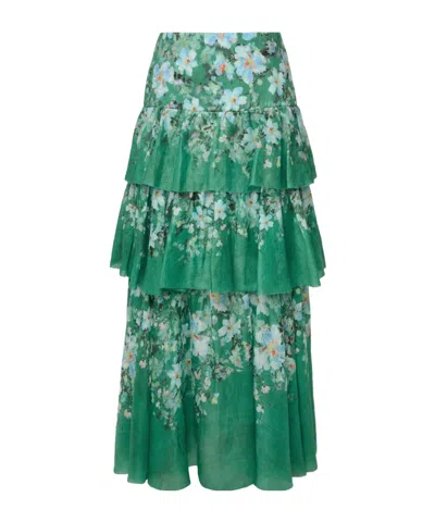 Zimmermann Everley Tiered Floral Print Midi Skirt In Green