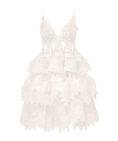 Zimmermann Crush Tiered Lace Mini Dress In Ivory