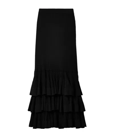 Zimmermann Layered Ruffled Ribbed Knit Midi Skirt In Black