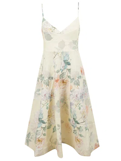 Zimmermann Lemon-yellow Linen Midi Dress With Floral Design In Neutral