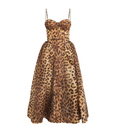 Zimmermann Crush Paneled Cheetah Print Midi Dress In Brown