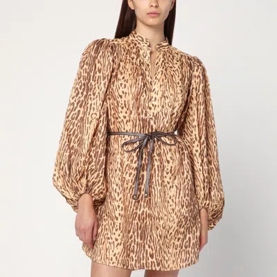Zimmermann Leopard Print Short Dress In Linen In Neutral