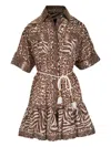 Zimmermann Wanderlust Lantern Belted Printed Cotton Mini Dress In Brown