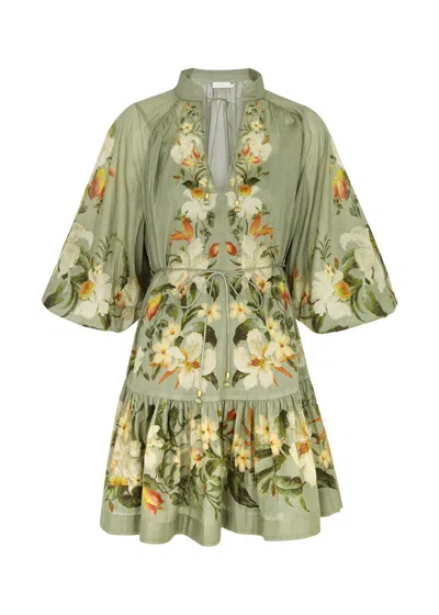 Zimmermann Lexi Billow Floral-print Cotton Mini Dress In Sage