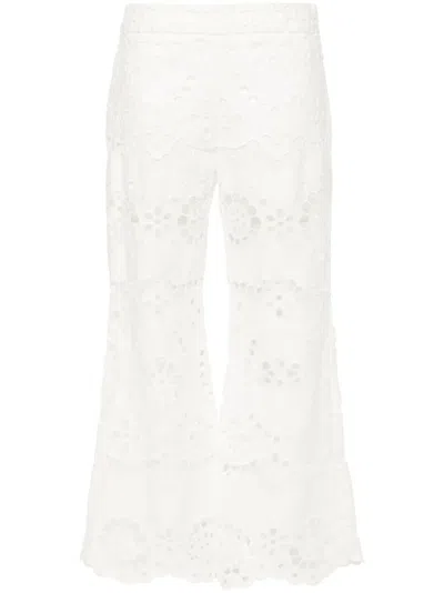 Zimmermann Carnaby Scallop Broderie Anglaise Linen Flared Pants In White