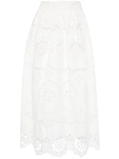 Zimmermann Ottie Embroidered Linen Midi Skirt In White