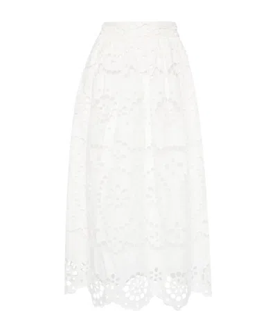 Zimmermann Ottie Embroidered Linen Midi Skirt In White