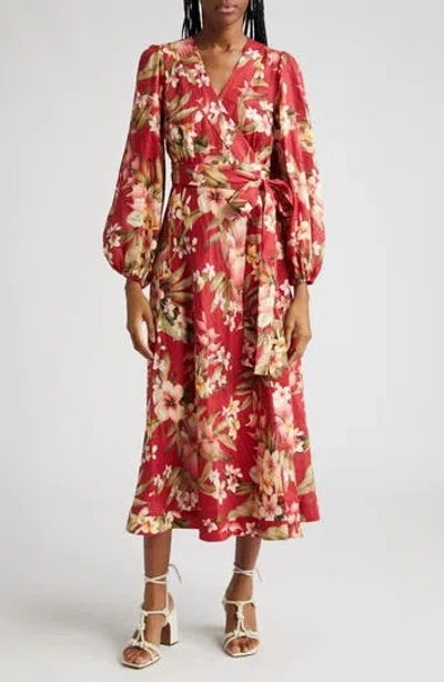 Zimmermann Lexi Floral Long Sleeve Linen Wrap Dress In Red
