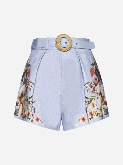 Zimmermann Lexi Tuck Linen Shorts With Floral Motif In Blue Palm