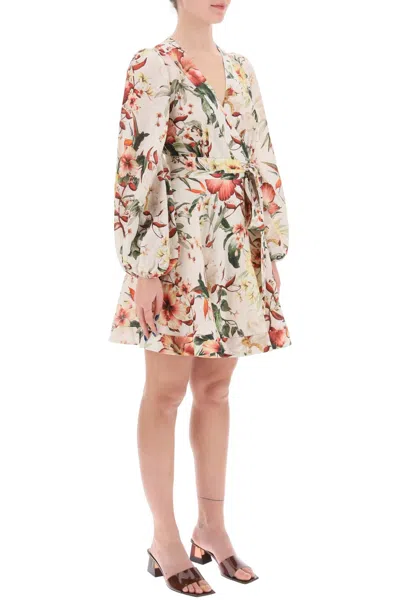 Zimmermann Lexi Belted Floral-print Linen Mini Wrap Dress In Multi