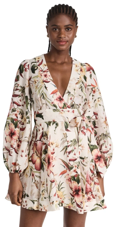 Zimmermann Lexi Belted Floral-print Linen Mini Wrap Dress In Multi