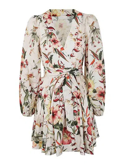 Zimmermann Lexi Belted Floral-print Linen Mini Wrap Dress In Multi