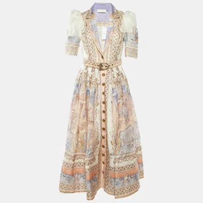 Pre-owned Zimmermann Light Beige Printed Linen & Silk Belted Maxi Dress S In Sand