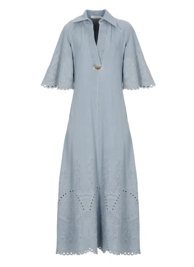 Zimmermann Light Blue Denim Midi Dress With Embroidered Details In Gray